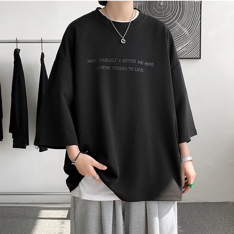 2023 Summer Y2K High Street 3/4 Sleeve T-Shirts Man Round Neck Printing Oversize Tops New Loose Personality Hip Hop Streetwear