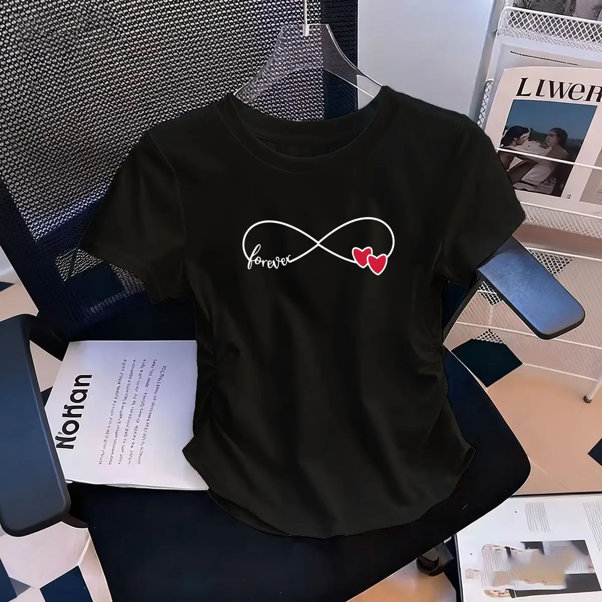 Women's Waist-Defining Elastic T Shirt Valentine's Day Love White Printed Short Sleeve Round Neck Top Summer t-shirts