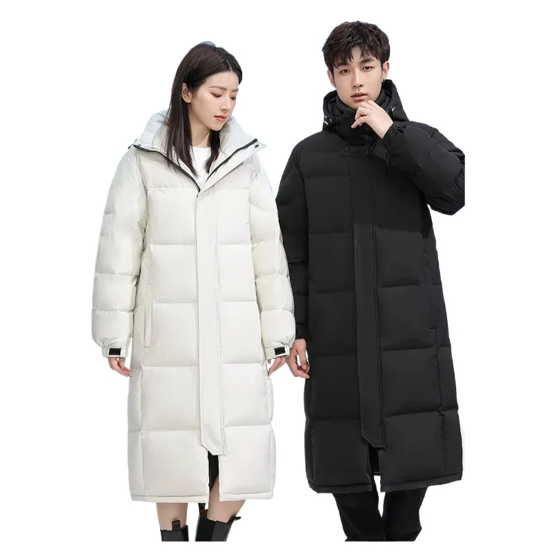 Winter couple tooling down jacket High quality white duck down solid color casual hooded long over the knee down jacket size 5XL