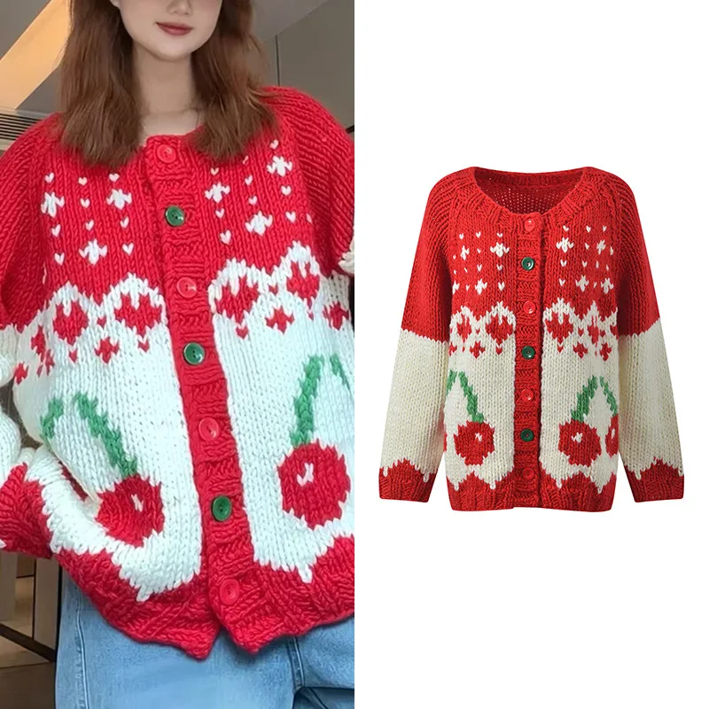 

Вязаный свитер с милым мультяшным принтом, круглый кардиган Ne Thiened, осенне-зимняя женская модная верхняя одежда для снижения возраста