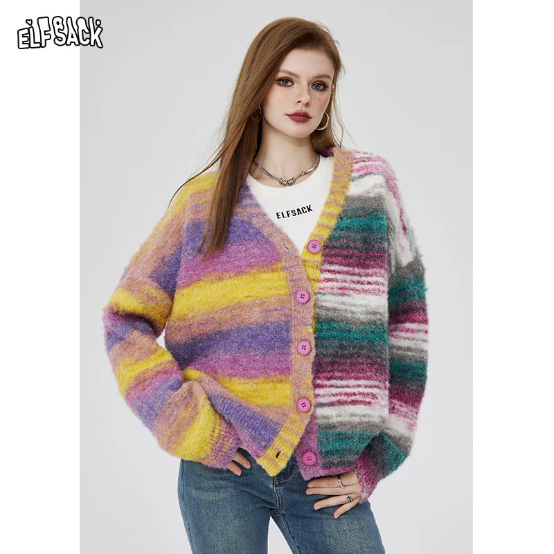 

ELFSACK Patchwork Sweaters Women 2024 Spring Retro Long Sleeve Knitwears