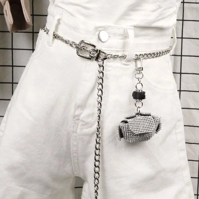 حقيبة حزام خصر بسلسلة من حجر الراين للسيدات العصرية، حقيبة خصر صغيرة من حجر الراين، حزام على شكل سلسلة، سراويل تنورة بدلة متطابقة مزخرفة #5
