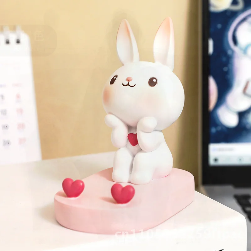 Creative Resin Rabbit Ornaments with Heart Cartoon Design Mobile Phone Bracket for Office Desktop Gift for Girls