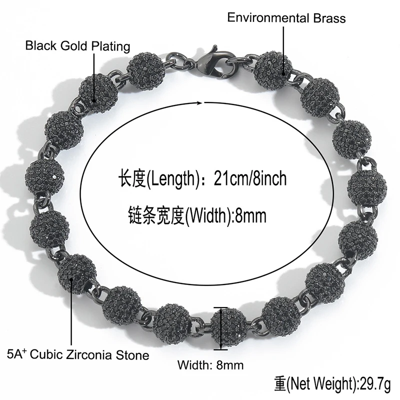 Hip Hop Black CZ Stone Paved Bling Iced Out Beads Link Chain Chokers Necklaces for Men Rapper Jewelry