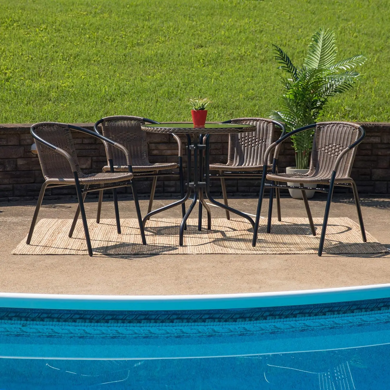 28'' Round Glass Metal Table with Dark Brown Rattan Edging and 4 Dark Brown Rattan Stack Chairs cafe table