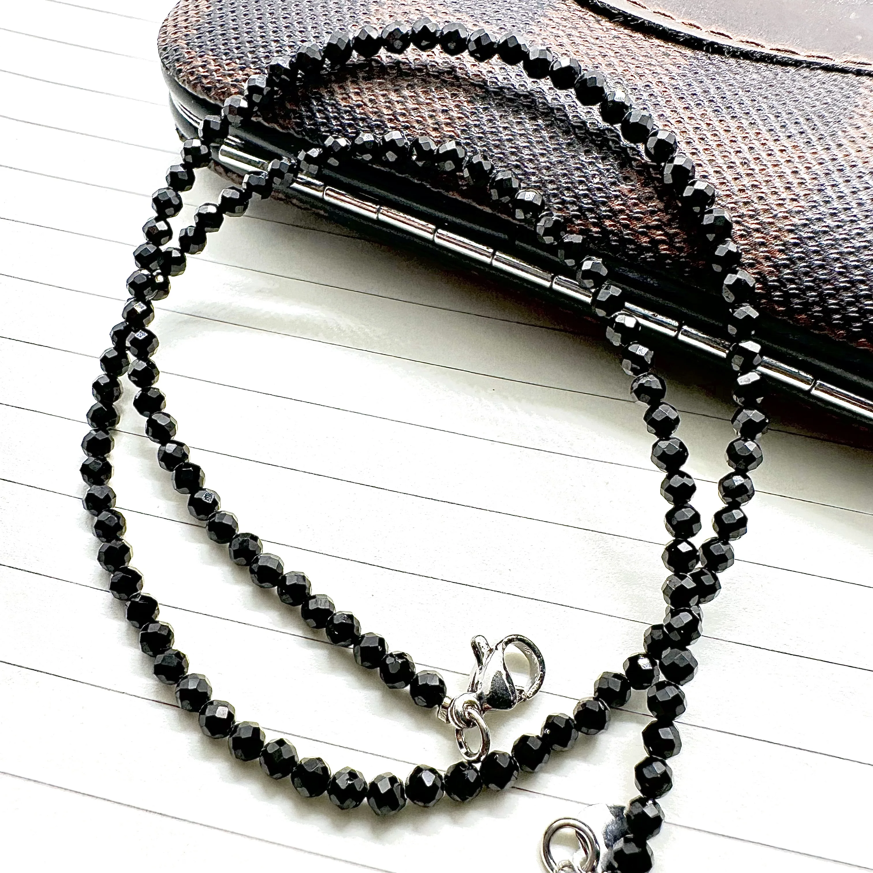 Black Obsidian Stone Necklace Crystal Natural Holder Summer 2023 Neck Wholesale Beads 3MM Round Small Faceted Gifts Lovely 5pc