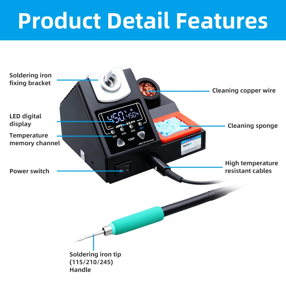 AIFEN A5 Pro Soldering Station Compatible Original Soldering Iron Tip 210/245/115 LCD Digital Display Welding Rework Station