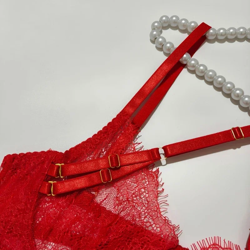 Bikini sexy in pizzo con ciglia e scollo all'americana, lingerie staccabile, set erotico in quattro pezzi