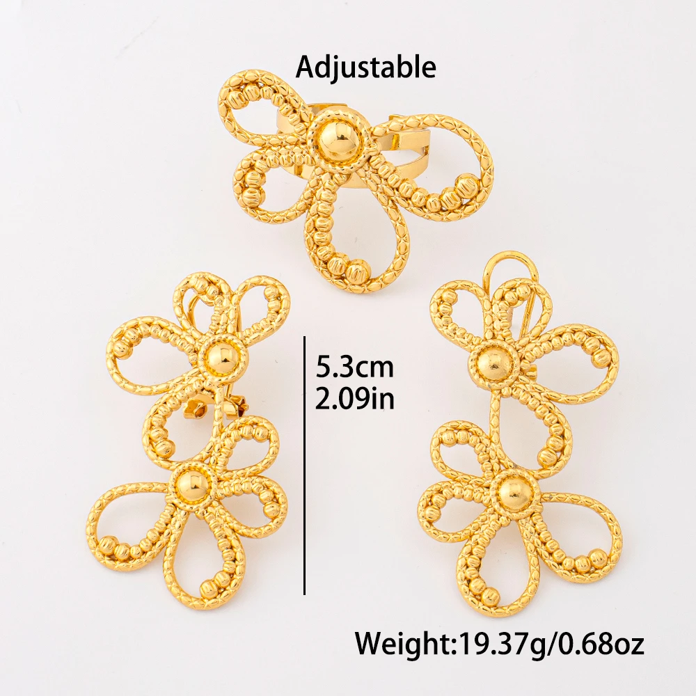 Women's 18K Gold Plated Double Flower Dangle Earrings & Ring Set