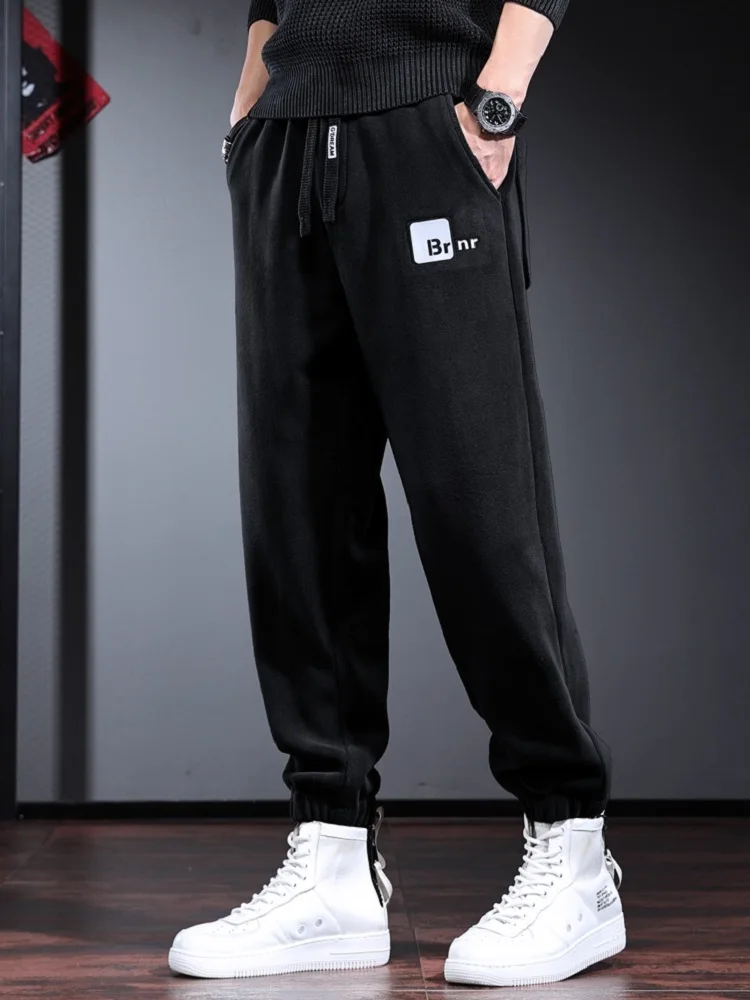 Winter Black Warm Pants Men Fashion Letter Print Baggy Double Sided Fleece Elastic Waist Drawstring Trousers