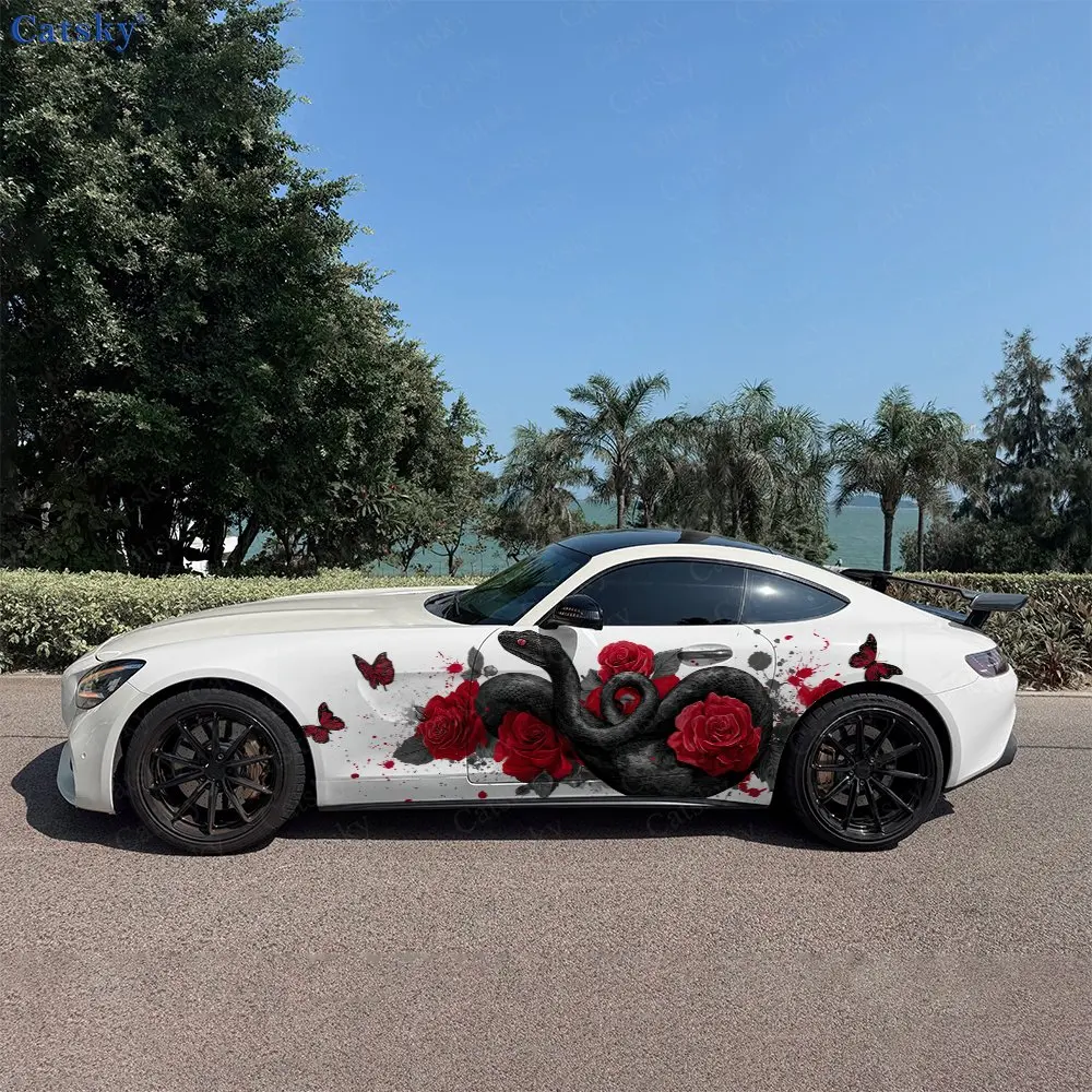 

2pcs Romantic Snake & Red Roses Car Side Wraps, Self-Adhesive PVC Waterproof & Scratch-Resistant Stickers, Car Accessory Gift