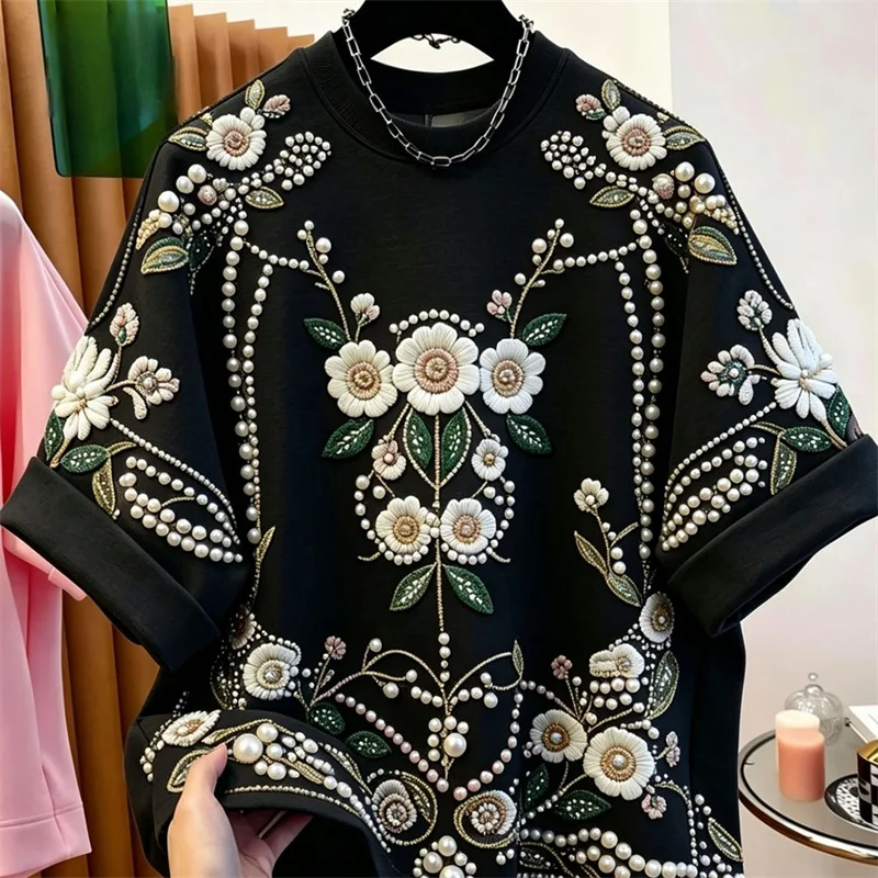 Man Women T-shirt Blouse Fashion Heavy Industry Nail Beads Printed T-shirt 2026 New Summer Printed Short Sleeved T-shirt Top