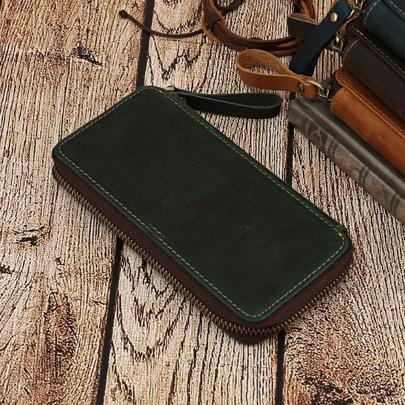1pc Retro Pencil Case Crazy Horse Pen Case Zipper Pen Pencil  Bag Multifunctional Card Bag Stationery Box