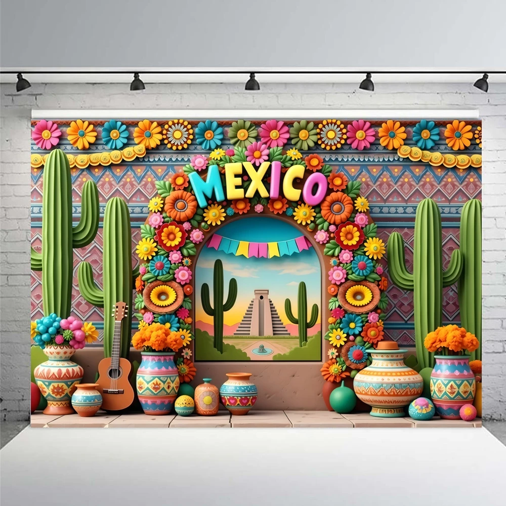 Mexico Fiesta Photography Background Cactus Straw Hat Guitar Flowers Wall Kids Adult CINCO DE MAYO Birthday Party Photo Backdrop