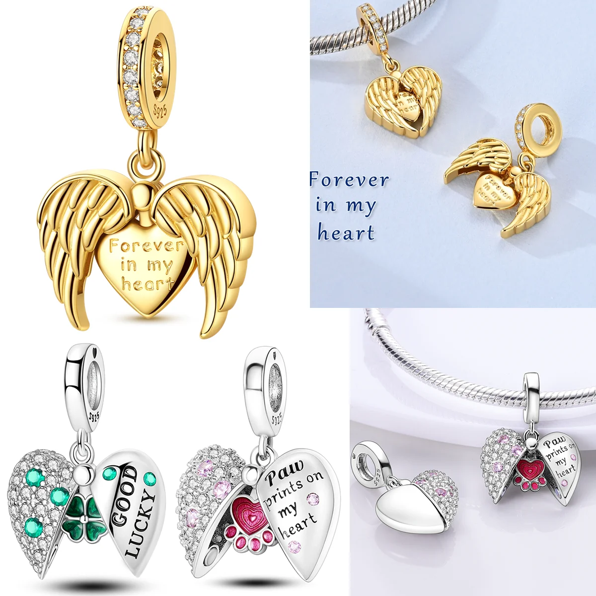 

Openable Love Heart Charms Bead 925 Sterling Silver CZ Zircon Clover Dog Paw Dangle Fit Original Bracelet DIY Jewelry Gift