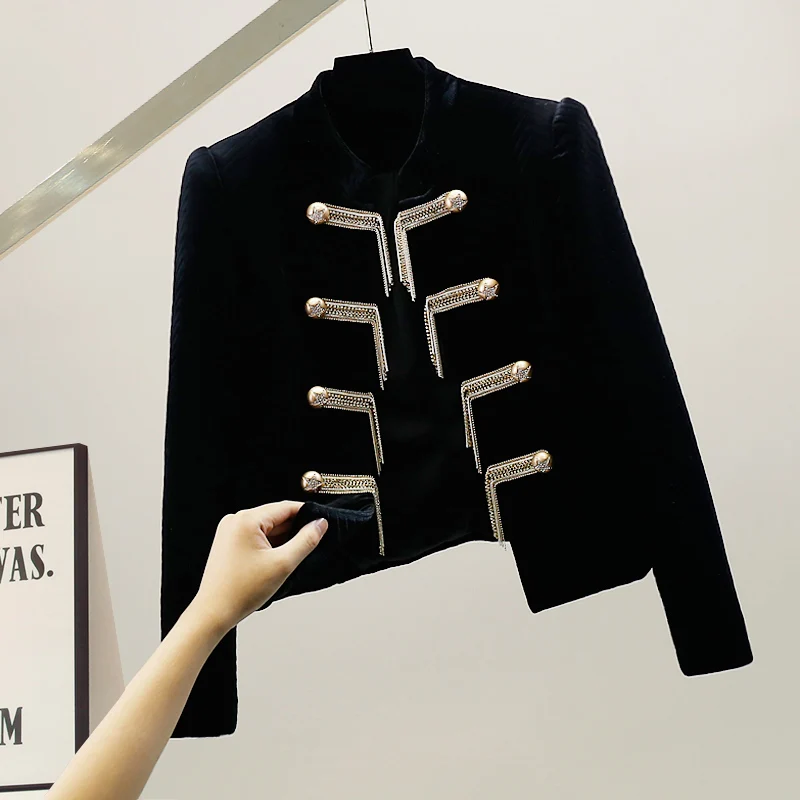 

Модный утепленный короткий бархатный жакет с металлическими пуговицами, декоративным воротником с бахромой, открытый кардиган, стильная индивидуальная верхняя одежда