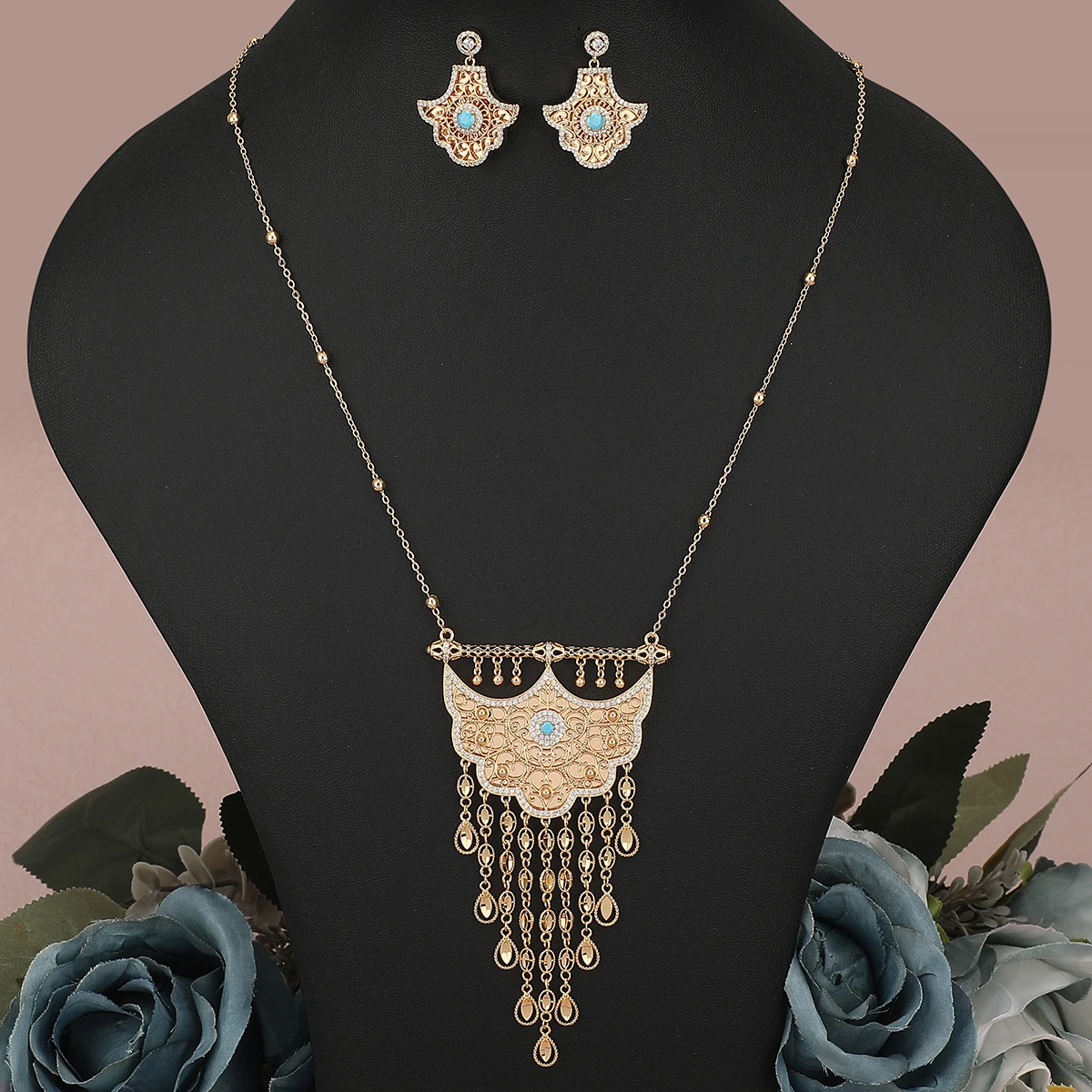 New Fashion Women's Long Chain Necklace Earrings Set Metal Tassel Necklace Ethnic Arabic Style Trendy Party Wedding Jewelry Set