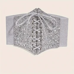 Women Silver Vintage Corset Belt Punk Sequin Wide Waistband Lace-up Cummerbunds Womens Dresses Elastic Girdles Decorative Corset
