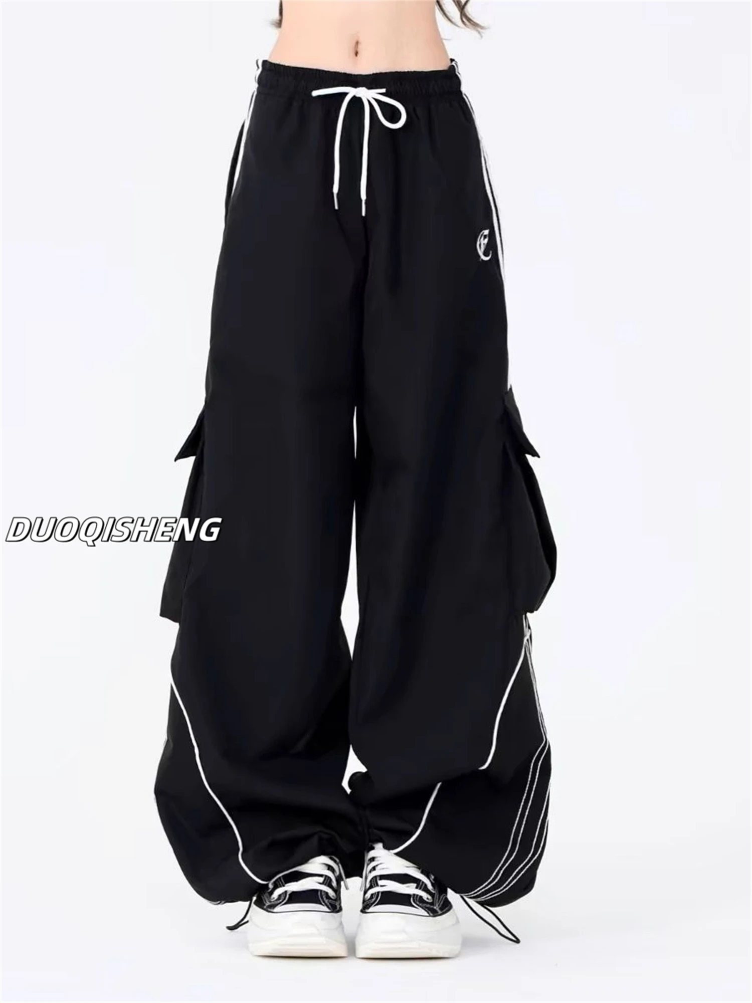 Y2K Women's Wide Leg Cargo Pants 2025 New Fashion Drawstring Waist Side Stripes Multiple Pockets Casual Streetwear Trousers
