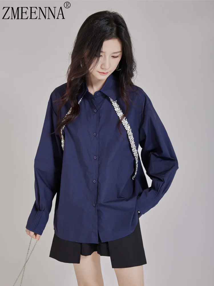 

ZMEENNA Womens Navy Blue Loose Fit Button Up Shirt Long Sleeve Crystal Shoulder Decor Casual Fashion Blouse Top ZM4619