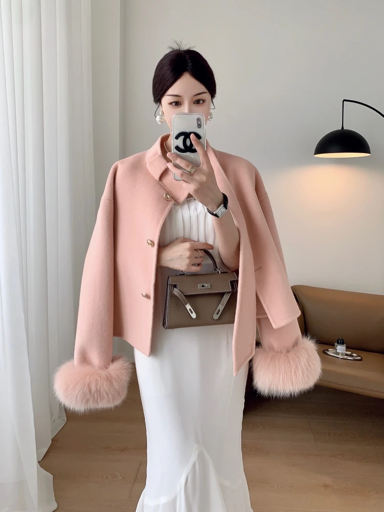 2023 Winter Wool Jackets New Bow Short Cuff Fox Fur Fur Double-Faced Woolen Goods Cashmere Wool Overcoat Coat for Women