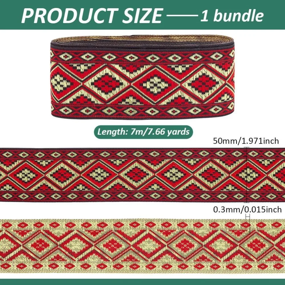 7.66 Yards Boho Jacquard Ribbon 2 Inch/5cm Rhombus Embroidered Woven Trim Ethnic Style Polyester Ribbons Fabric Trim Fringe
