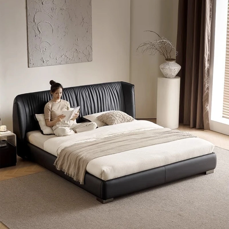 

French antique bed first layer cowhide Internet celebrity master bedroom large bed embedded black leather double bed