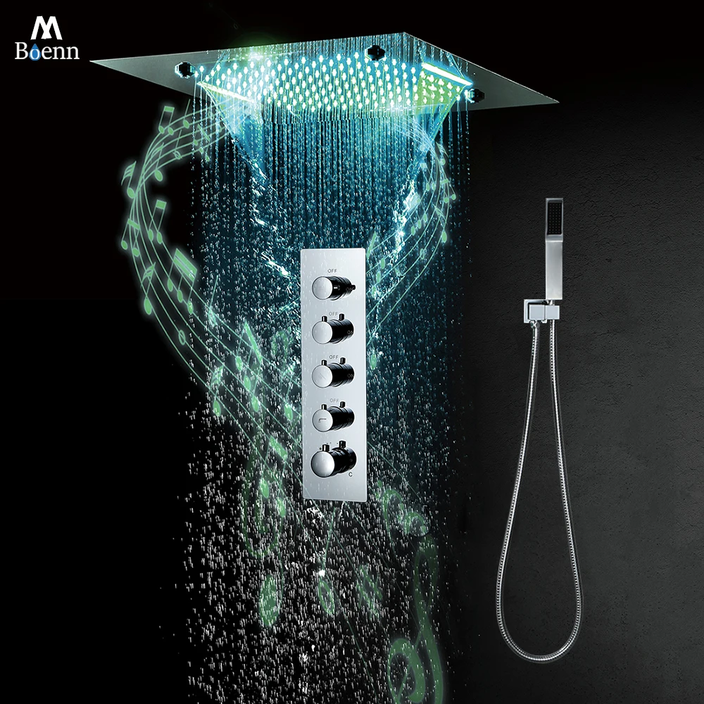 

M Boenn Polished Chrome Thermostatic Shower System Set 20 Inch Shower Head Rainfall Experience Bathroom Faucet Concealed Mixer
