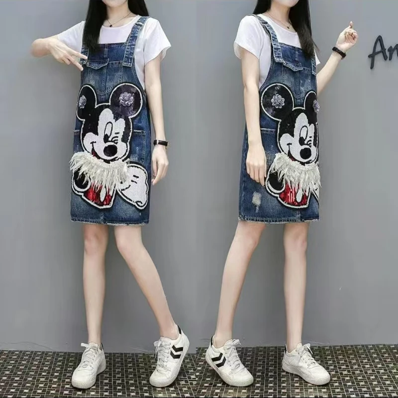 Neue Kawaii Disney-Serie Mickey Mädchen Sommer bequem und süß, lässige Mode vielseitiger Cartoon kreativer Denim-Trägerrock