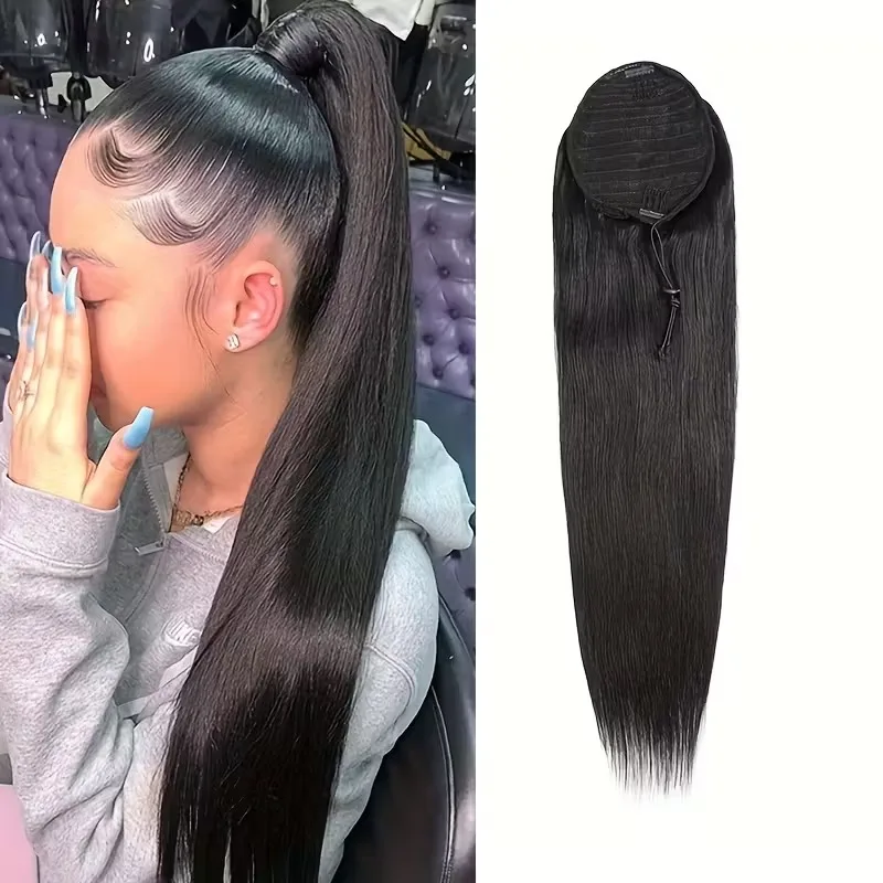 

Long Straight Human Hair Ponytail Extension Drawstring Clip In Natural Black Virgin Hair Ponytail for Women