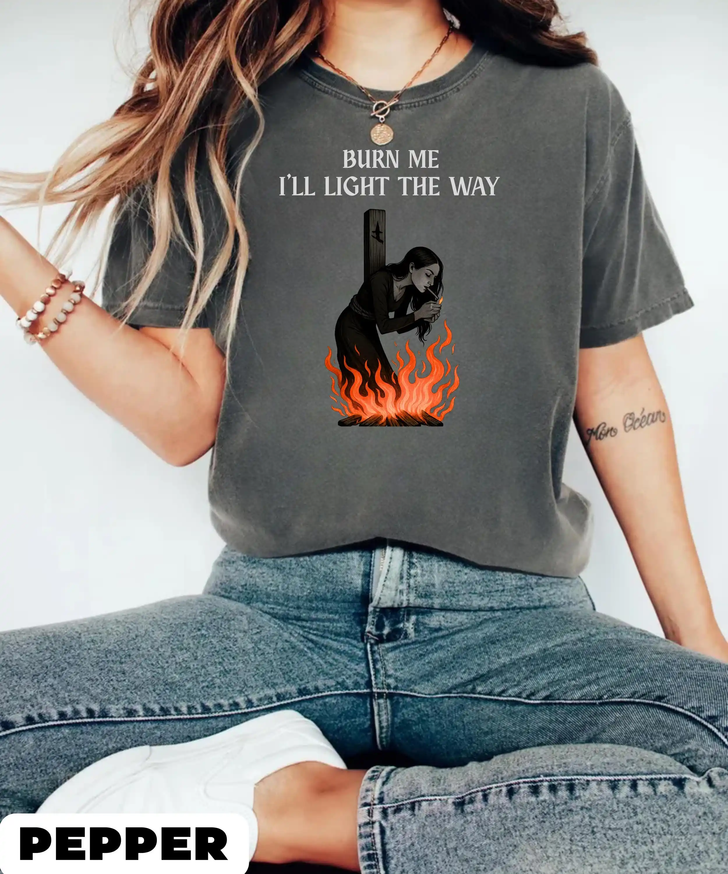 Witch Lighting Cigarette While Burning At The Stake Shirt,Female Empowerment Tee,Rebel Girl Tee Washed T-shirt