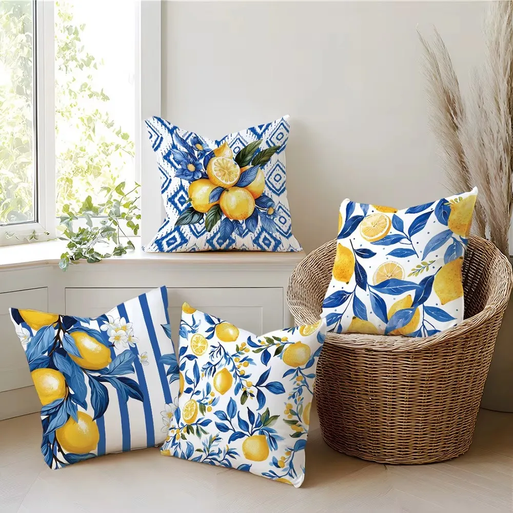 Coastal Blue Stripe Lemon Blossom Throw Pillow Cover Home Farmhouse Outdoor Decoration Cushion Cover 100% Cutton High Quality