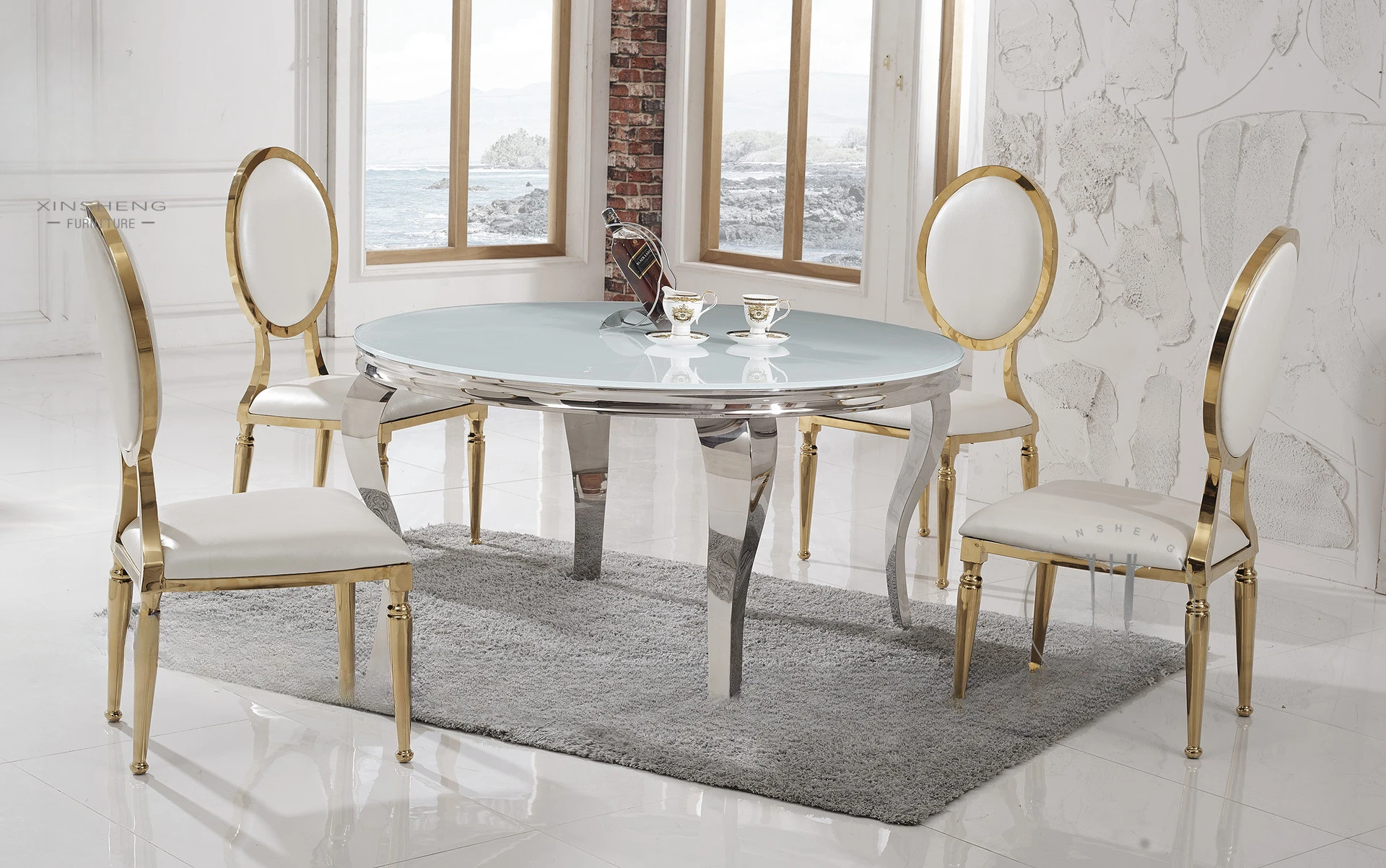 Wedding furniture stainless steel frame dining table for party banquet