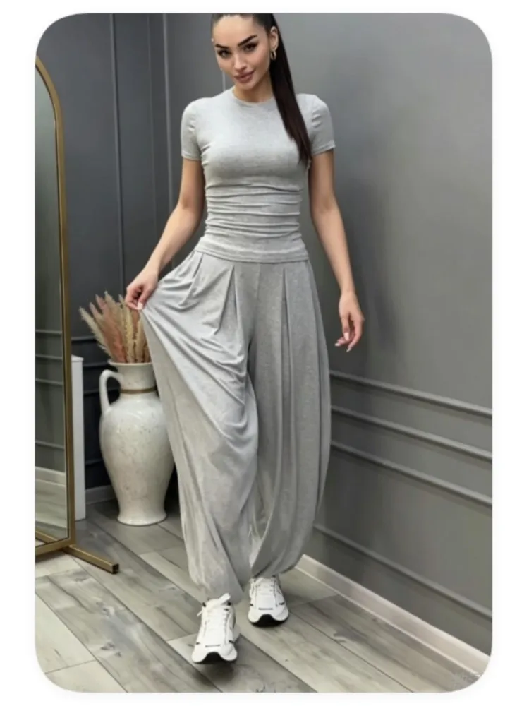 Women New 2 Piece Outfit Set O‑Neck Ruched Top & Loose Harem Wide Leg Pants Casual Soft Fabric Tracksuit Ladies Daily Sport Suit