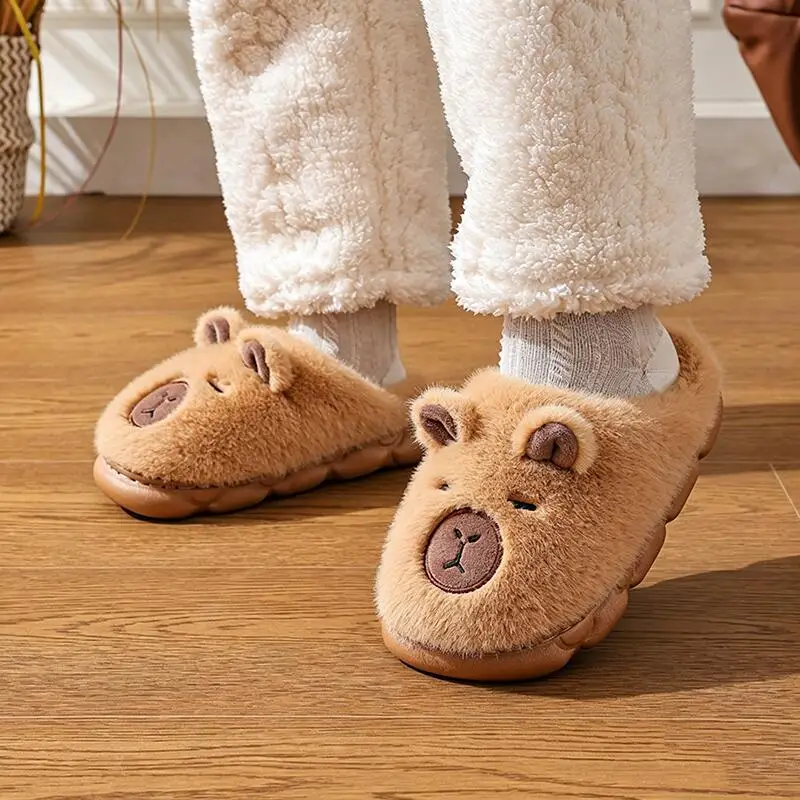 Fluffy Fur Cartoon Capibala Indoor Slippers Children Winter 2026 Thick Bottom Furry Home Slippers Warm Plush Parent Child Shoes