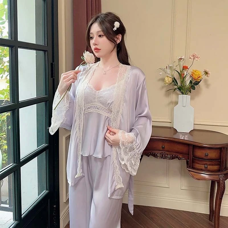 3PC Spring Lace Pajamas Suit Court Style Rayon Nightwear Home Clothes Pyjamas Sleep Set Long Sleeve Women Sleepwear PJS Lingerie