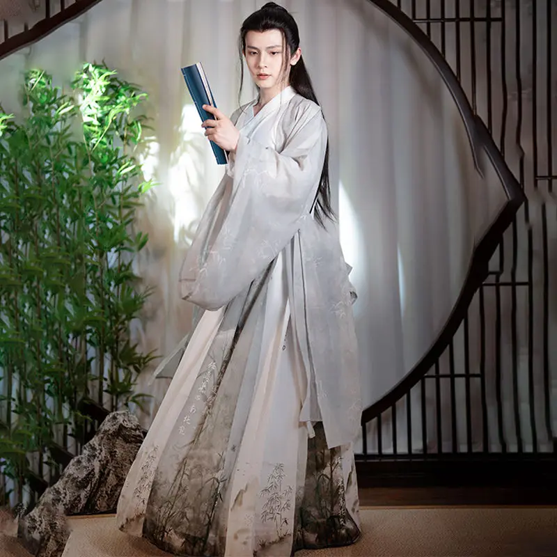 Gray Hanfu Chinese traditional style printed Wei and Jin dynasties elegant cool handsome men's clothing