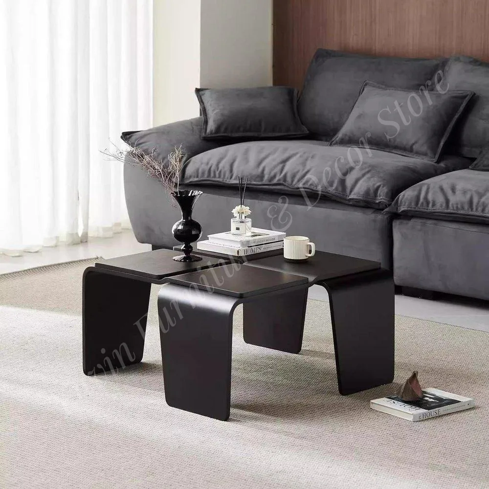 Modern Medieval Square Walnut Black Living Room with High-End Low Coffee Table