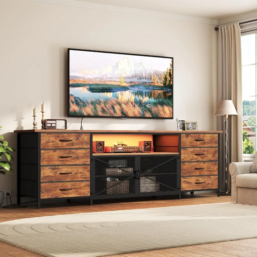 71 TV Stand Dresser for 85/80/75 Inch TV with Power Outlets and LED Lights Long Dresser with 8 Fabric Drawers Large Entertainme