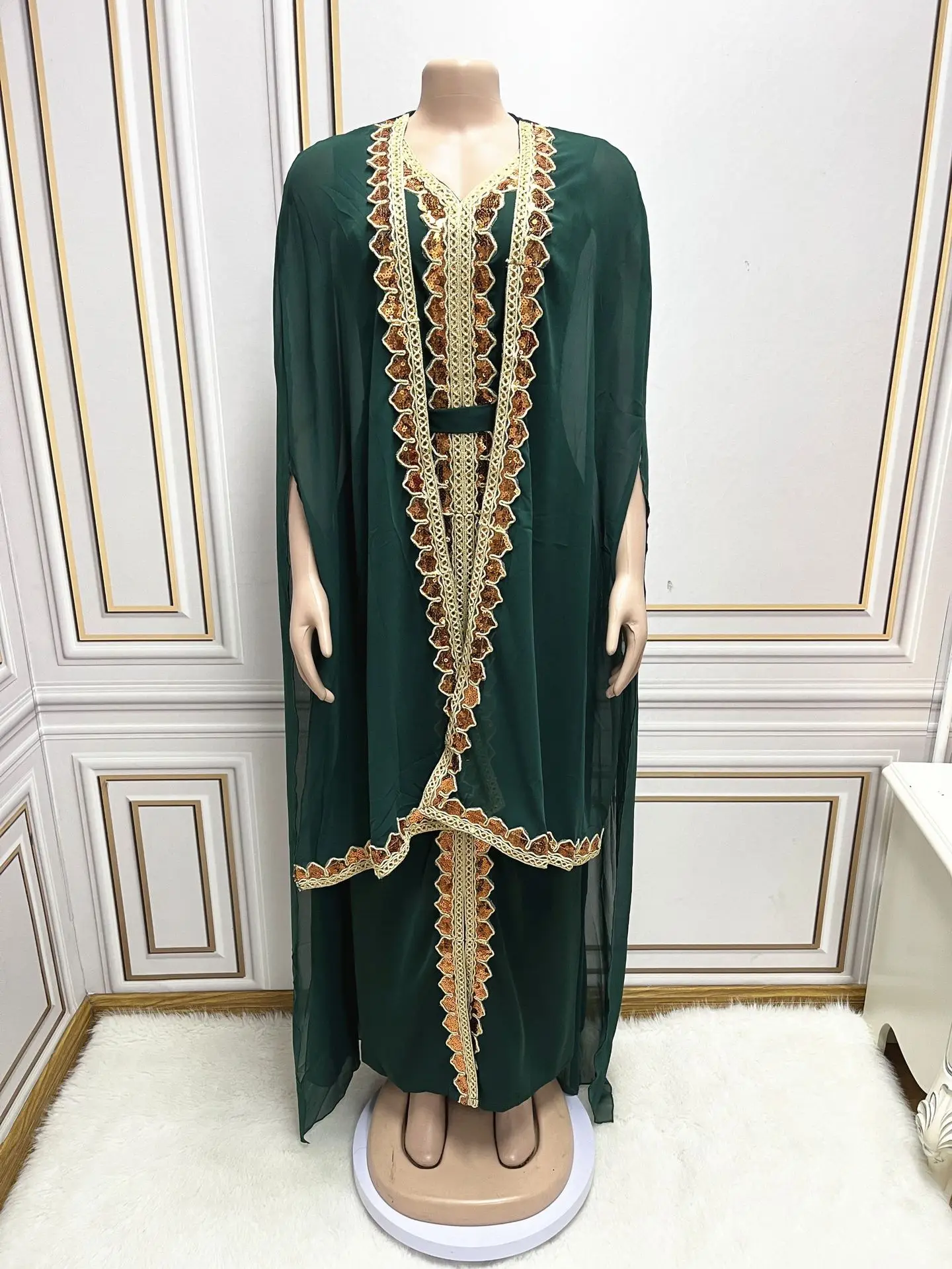 Chiffon Two-Piece Dress Set for Women, Ramadan, Dubai, Middle Eastern, Muslim, Luxury, Abaya, Arab, Sequin, Cloak