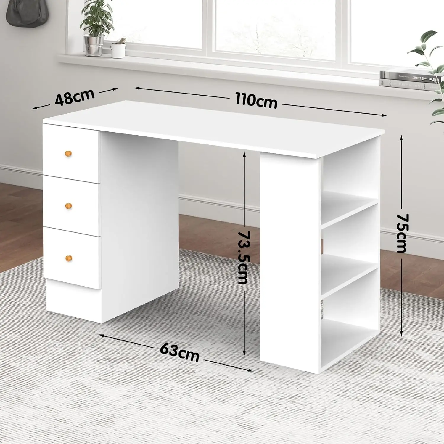 

Office Desk 110 * 48 * 75 Cm Student Laptop Table Home Office Study Desk with 3 Drawers & Shelves (White)