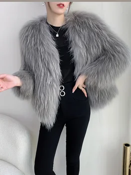 2022 Echte Wasbeer Bont Geweven Jas Voor Vrouwen Wasbeer Bont Herfst Winter Fashion Lange Mouwen Ronde Hals 2022 Winter Nieuwe stijl