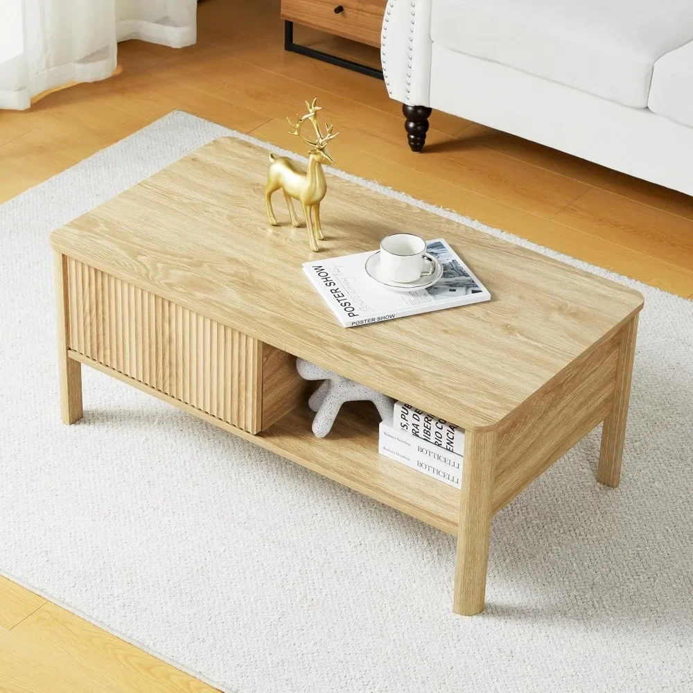 

Mid-Century Modern Rectangular Wood Coffee Table with Dual Storage Shelf,Dining Table for Living Room Apartment