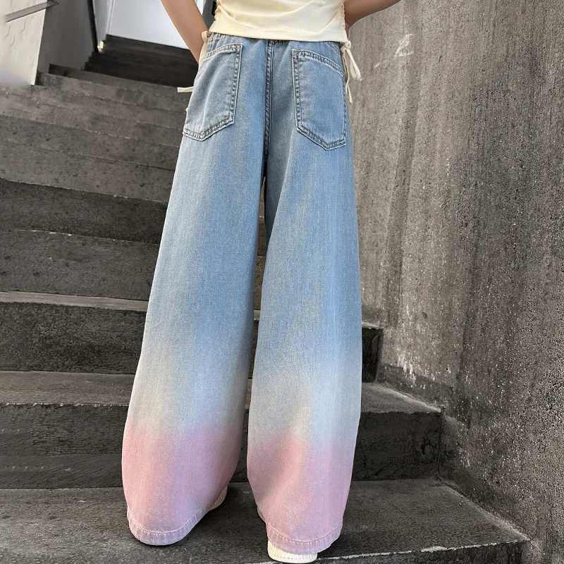 2024 Big Teens Girl Tencel Wide-Leg Jeans Kids Girls Gradient Color Pants Children Outwear Long Trousers Girl Clothing 4-12Years