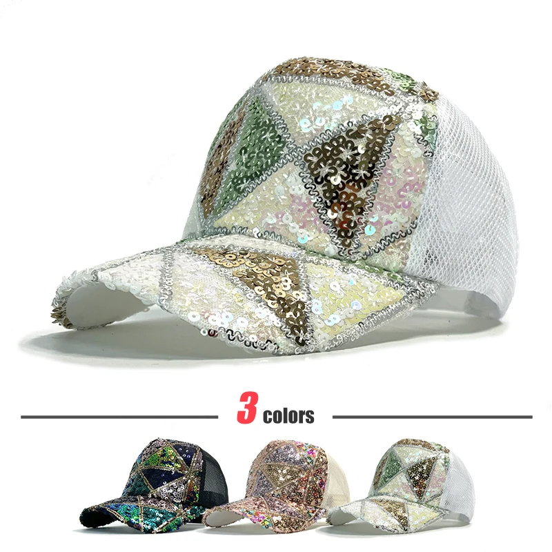 Back Mesh Unisex Adjustable Baseball Cap With Shiny Sequins Rainbow Sequins Classic Unisex Outdoor Casual SportS Trucker Caps