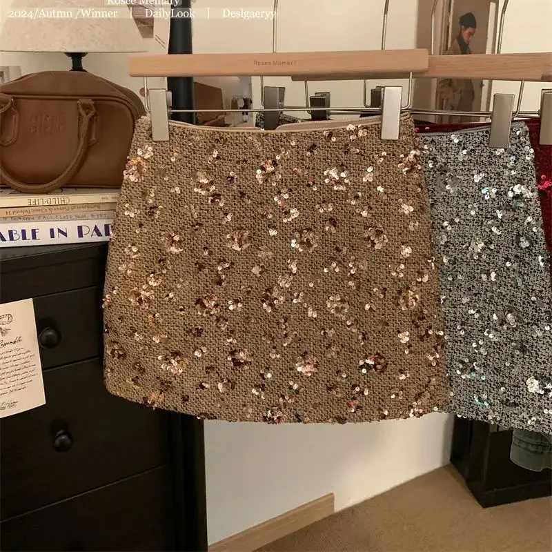 New Fashion Shiny Sequin Mini Skirt Women High Waist Slim Wrapped Hip Club Sexy Tweed Skirt Elgant Office Lady Woolen Faldas Y2k