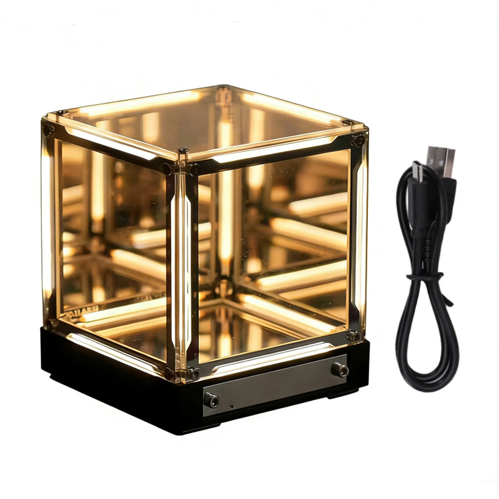 LED Lamp 4D Mood Night Light Mirror Acrylic LED Space Ambient Lamp for Bookshelf Bedside Table Touch Dimming Rechargeable Yellow