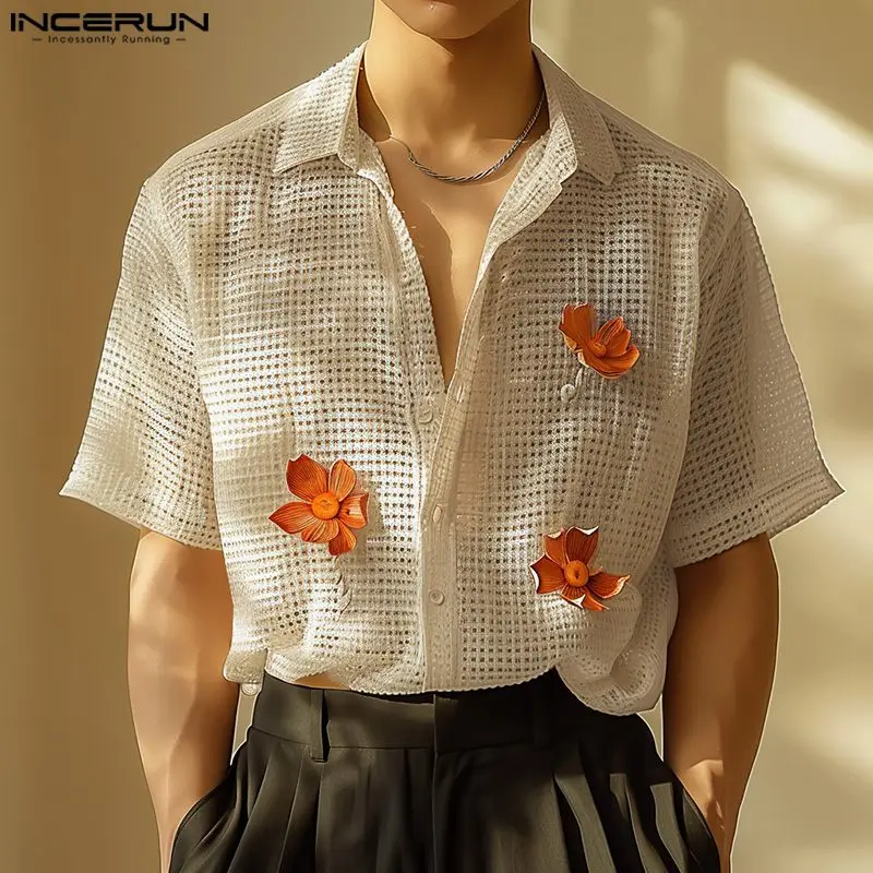 Men Shirt Mesh Transparent Flower Decoration Lapel Short Sleeve Men Clothing Streetwear 2024 Summer Fashion Camisa INCERUN S-5XL