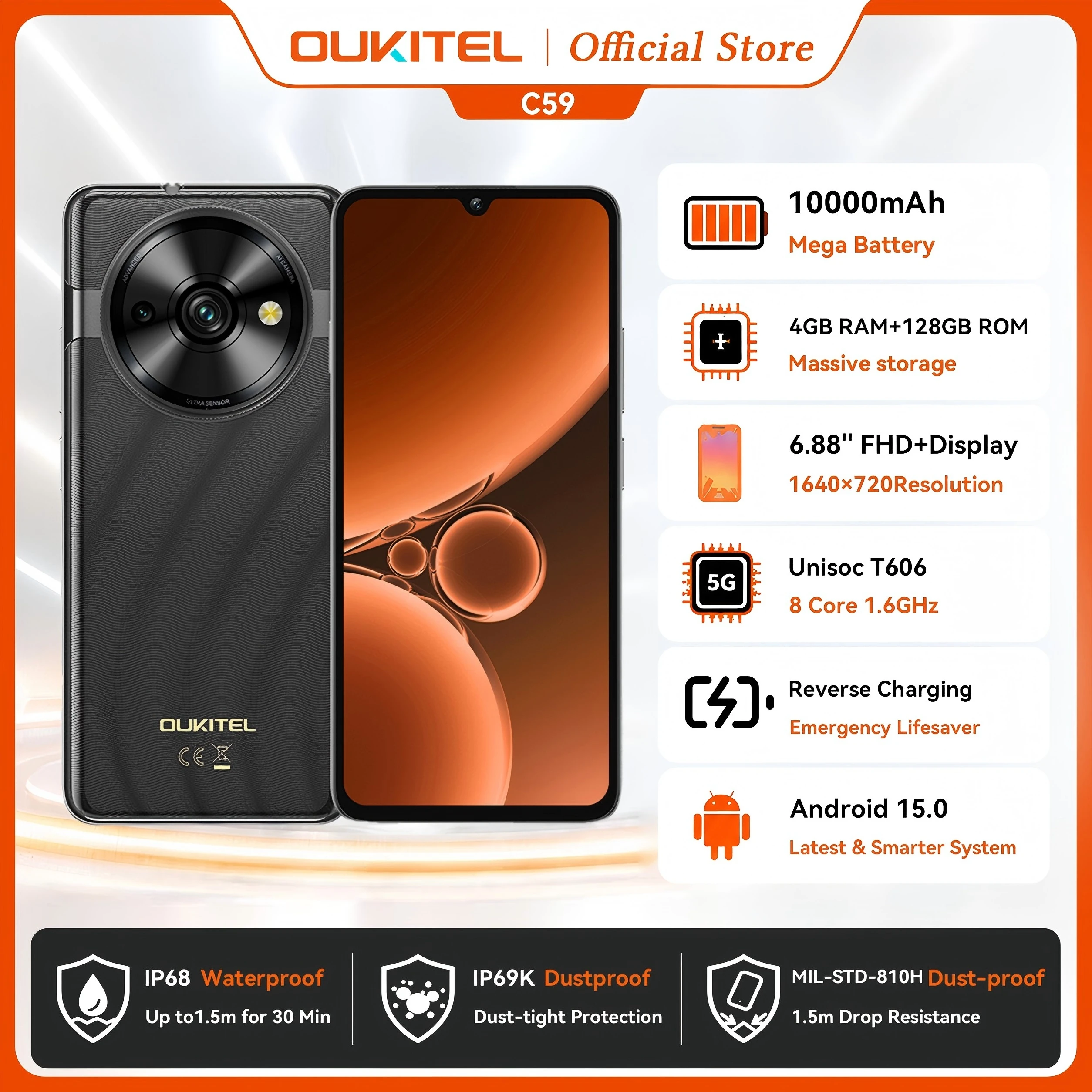 OUKITEL C59 Smartphone 6.88'' HD+ 90Hz Display 10000mAh Battery 16GB+128GB Android 15 Mobile Phone 13MP Camera Reverse Charging 4
