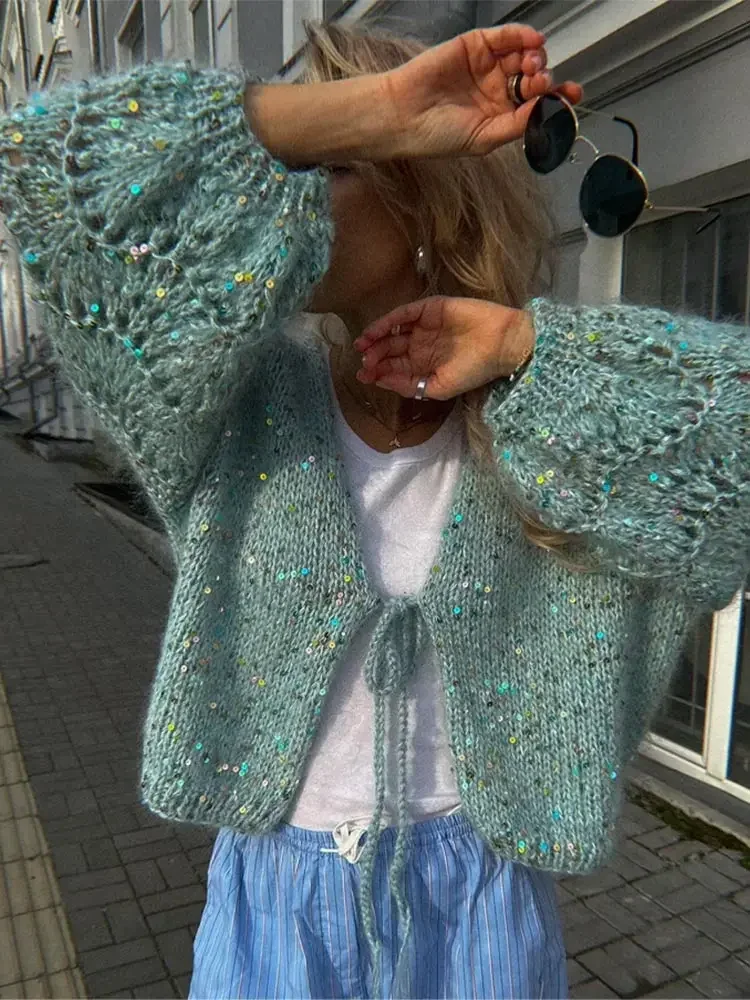 Women Sequins Lace Up Knitted Cardigan Casual V Neck Lantern Long Sleeves Short Sweater 2024 Autumn Lady Warm Chic Outerwear